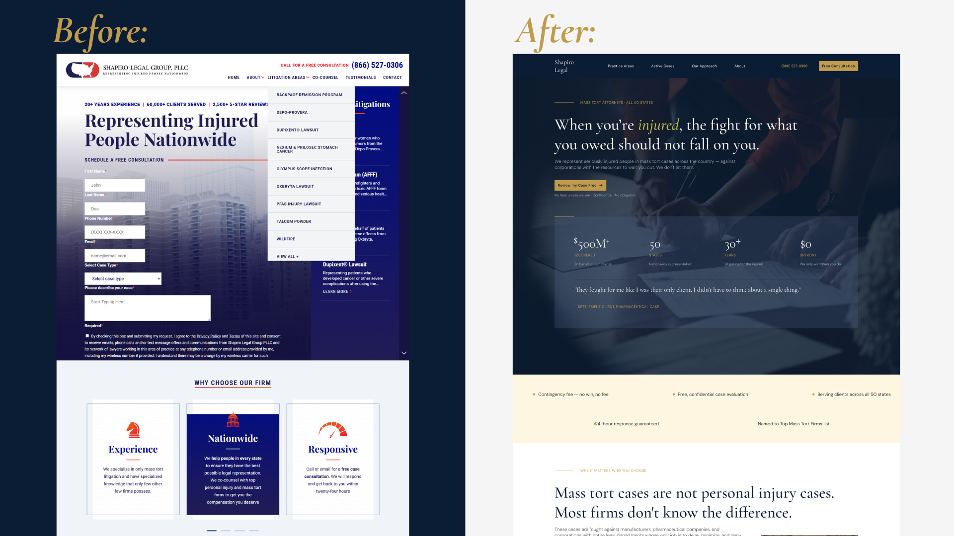 Shapiro before and after — homepage comparison